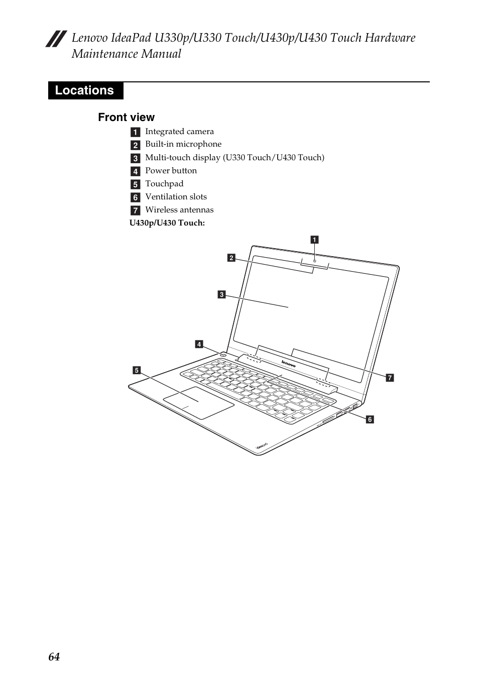 Locations, Front view, 64 front view | Lenovo IdeaPad U330 Touch Notebook User Manual | Page 68 / 91