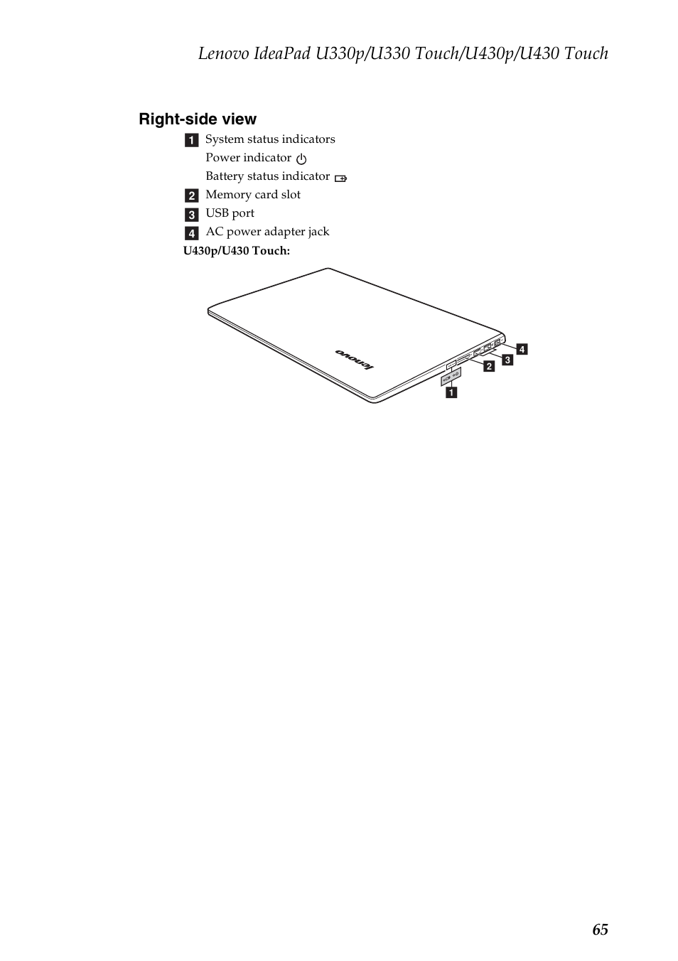 Right-side view, 65 right-side view | Lenovo IdeaPad U330 Touch Notebook User Manual | Page 69 / 91