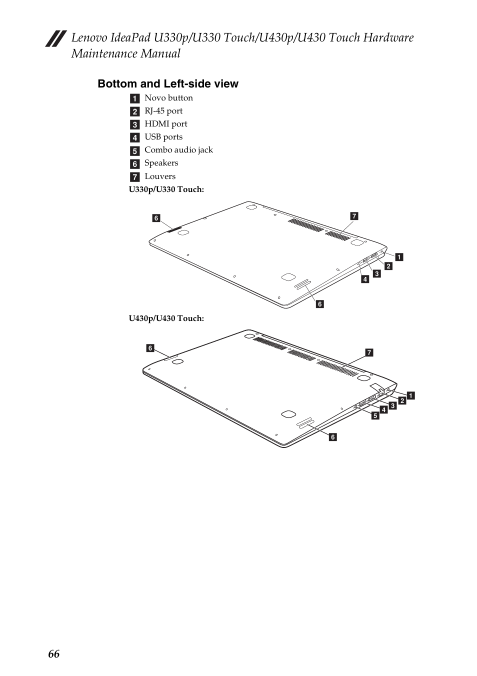 Bottom and left-side view, 66 bottom and left-side view | Lenovo IdeaPad U330 Touch Notebook User Manual | Page 70 / 91