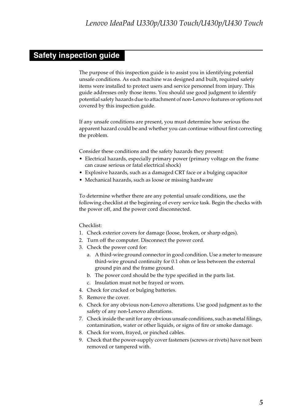 Safety inspection guide | Lenovo IdeaPad U330 Touch Notebook User Manual | Page 9 / 91