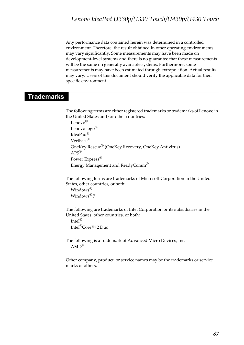 Trademarks | Lenovo IdeaPad U330 Touch Notebook User Manual | Page 91 / 91