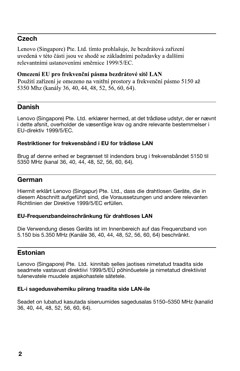 Czech, No title, Danish | German, Estonian | Lenovo ThinkPad 11e Chromebook User Manual | Page 2 / 12