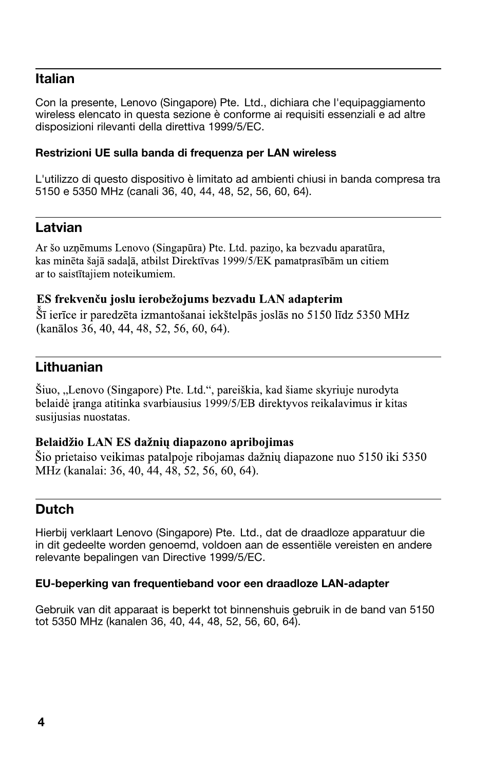 Italian, No title, Latvian | Lithuanian, Dutch | Lenovo ThinkPad 11e Chromebook User Manual | Page 4 / 12