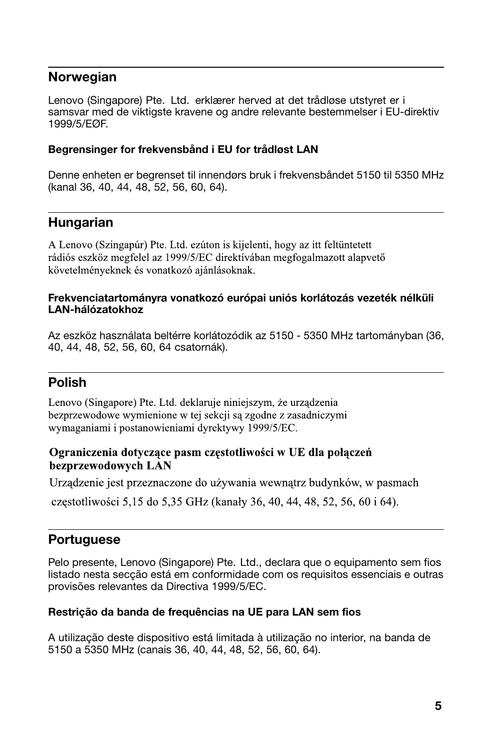 Norwegian, No title, Hungarian | Polish, Portuguese | Lenovo ThinkPad 11e Chromebook User Manual | Page 5 / 12