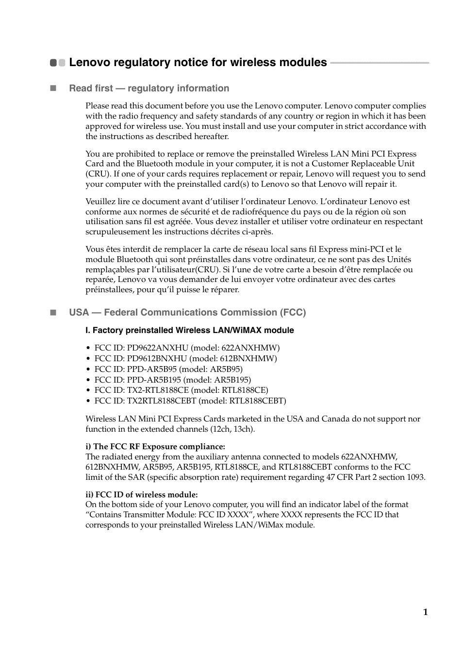 Lenovo regulatory notice for wireless modules | Lenovo IdeaPad S110 User Manual | Page 2 / 28