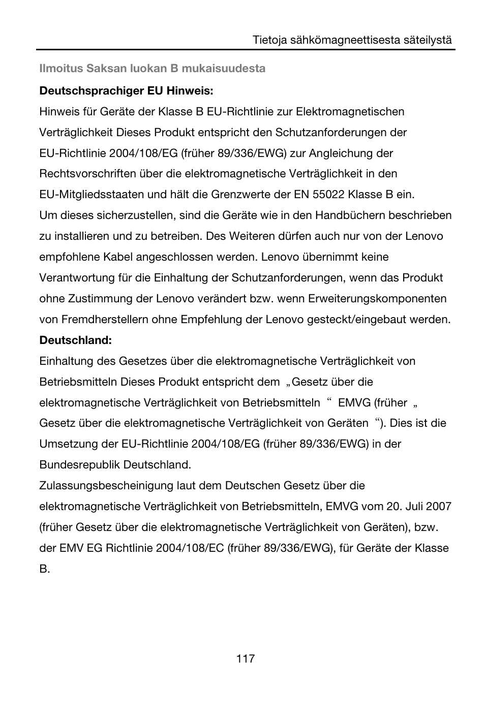 Ilmoitus saksan luokan b mukaisuudesta, Deutschsprachiger eu hinweis, Deutschland | Lenovo A7-40 Tablet User Manual | Page 118 / 203