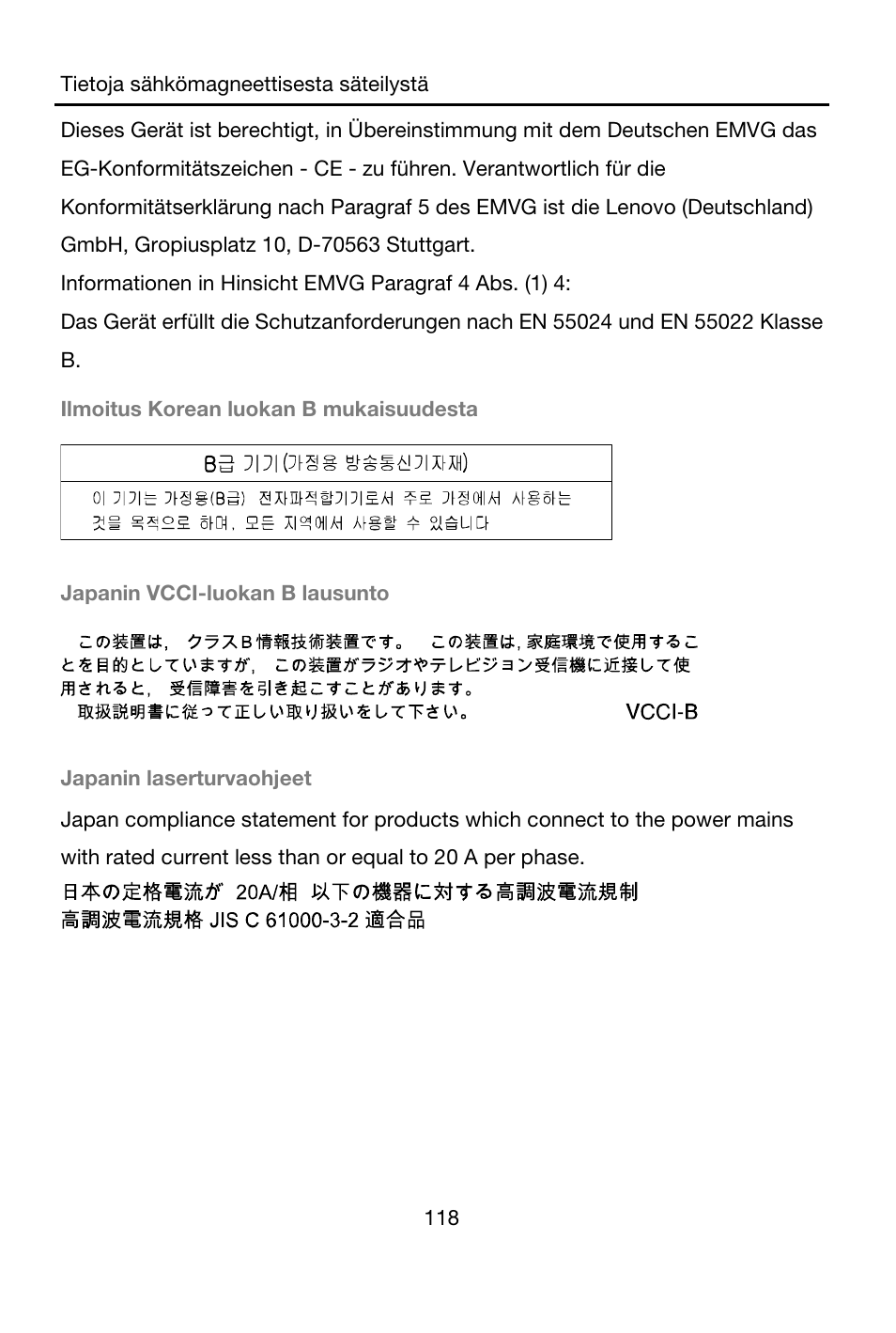 Ilmoitus korean luokan b mukaisuudesta, Japanin vcci-luokan b lausunto, Japanin laserturvaohjeet | Lenovo A7-40 Tablet User Manual | Page 119 / 203