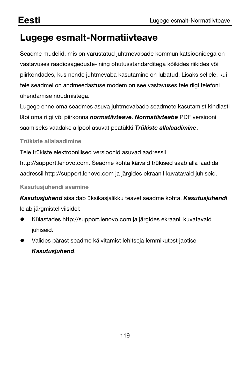 Lugege esmalt-normatiivteave, Trükiste allalaadimine, Kasutusjuhendi avamine | Eesti | Lenovo A7-40 Tablet User Manual | Page 120 / 203