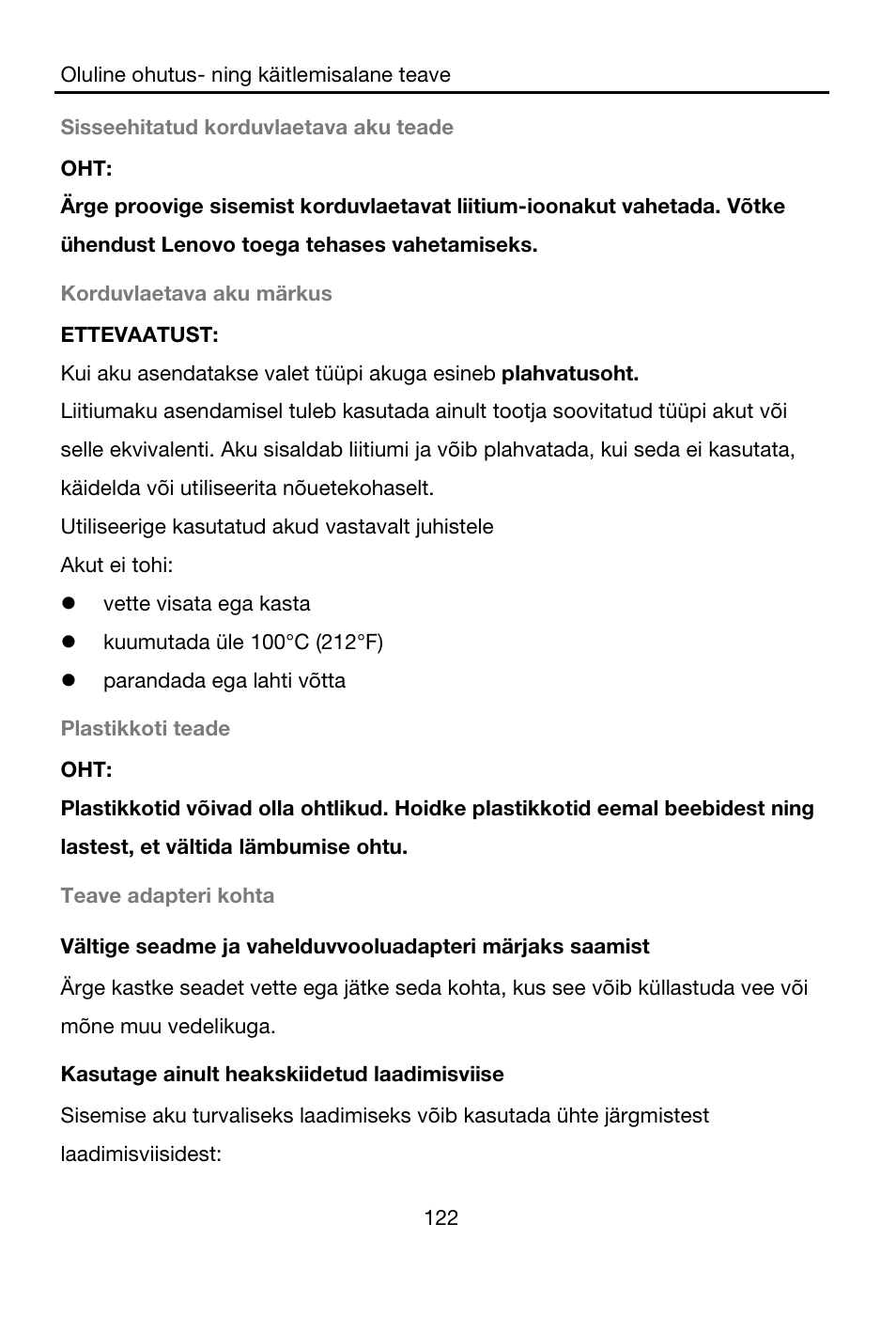 Sisseehitatud korduvlaetava aku teade, Korduvlaetava aku märkus, Plastikkoti teade | Teave adapteri kohta, Kasutage ainult heakskiidetud laadimisviise | Lenovo A7-40 Tablet User Manual | Page 123 / 203