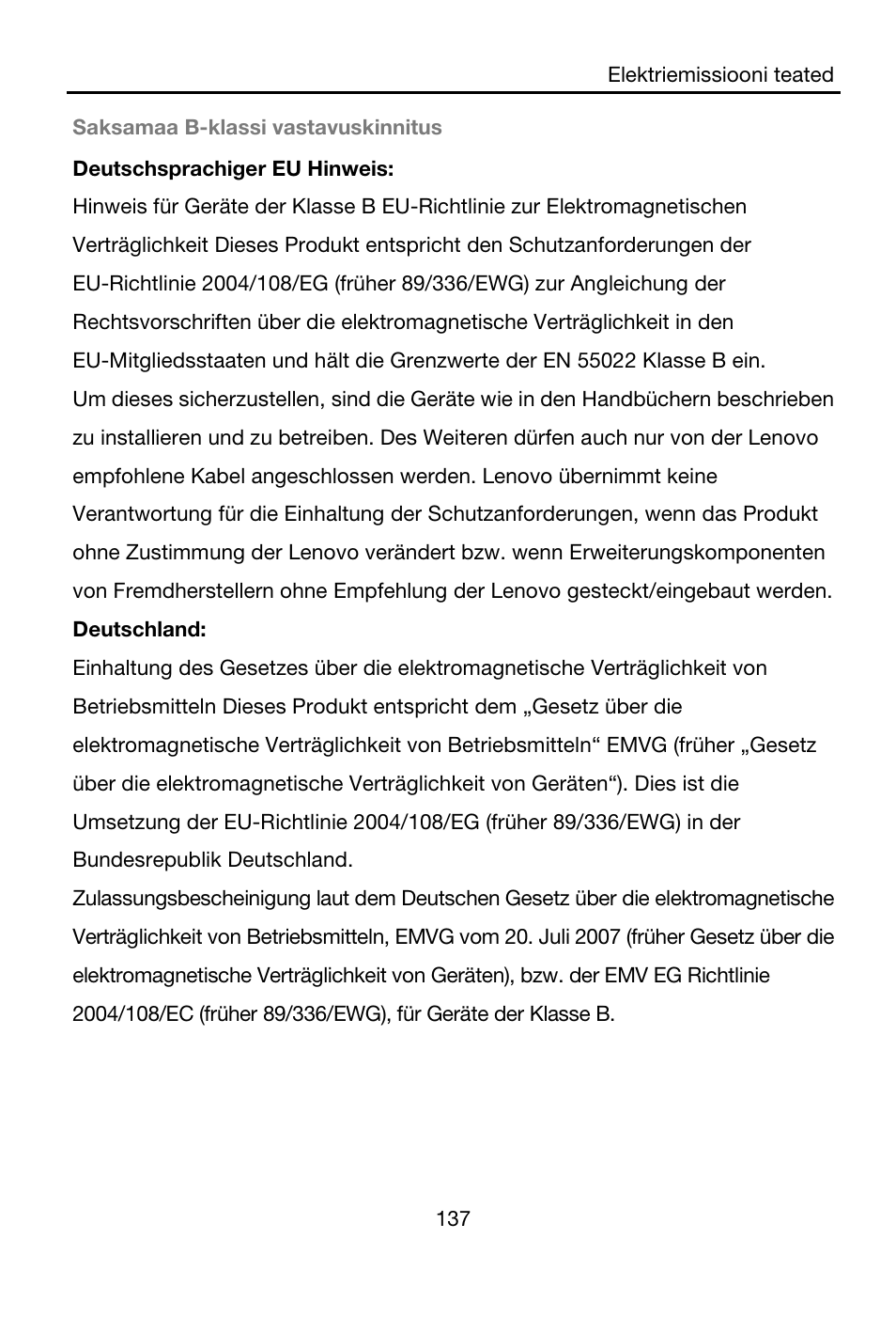 Saksamaa b-klassi vastavuskinnitus | Lenovo A7-40 Tablet User Manual | Page 138 / 203