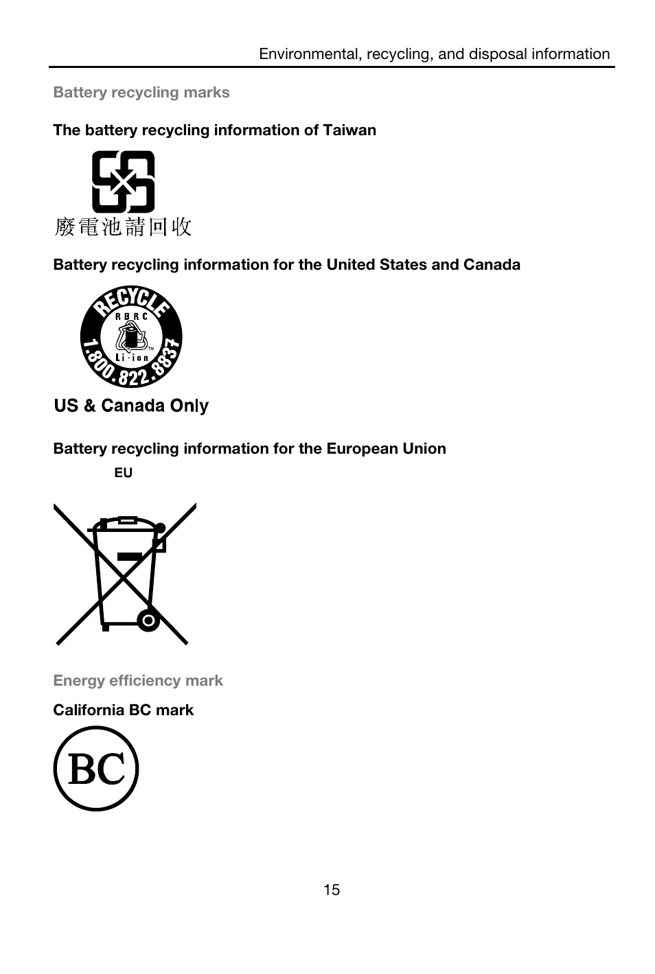 Battery recycling marks, The battery recycling information of taiwan, Energy efficiency mark | California bc mark | Lenovo A7-40 Tablet User Manual | Page 16 / 203