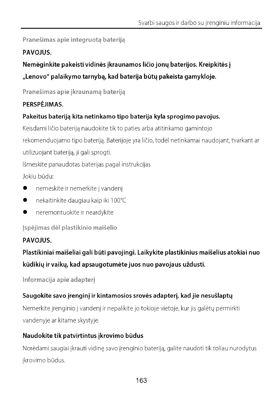 Pranešimas apie integruotą bateriją, Pranešimas apie įkraunamą bateriją, Įspėjimas dėl plastikinio maišelio | Informacija apie adapterį, Naudokite tik patvirtintus įkrovimo būdus | Lenovo A7-40 Tablet User Manual | Page 164 / 203