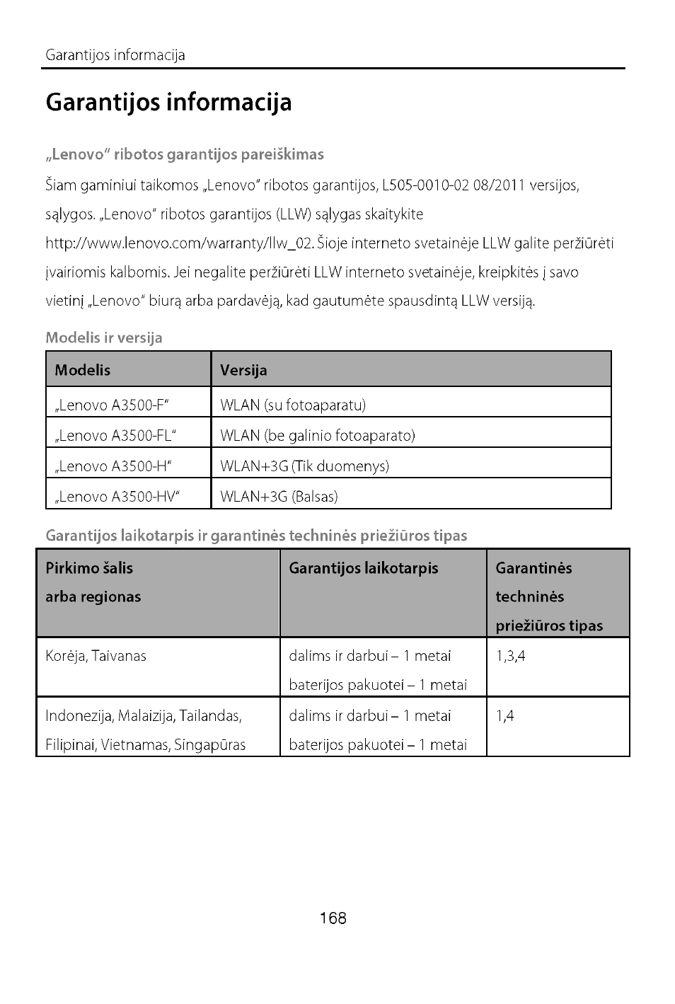 Garantijos informacija, Lenovo“ ribotos garantijos pareiškimas, Modelis ir versija | Lenovo A7-40 Tablet User Manual | Page 169 / 203