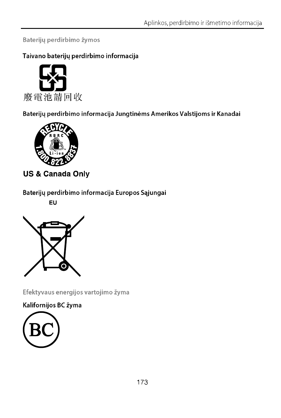 Baterijų perdirbimo žymos, Taivano baterijų perdirbimo informacija, Baterijų perdirbimo informacija europos sąjungai | Efektyvaus energijos vartojimo žyma | Lenovo A7-40 Tablet User Manual | Page 174 / 203
