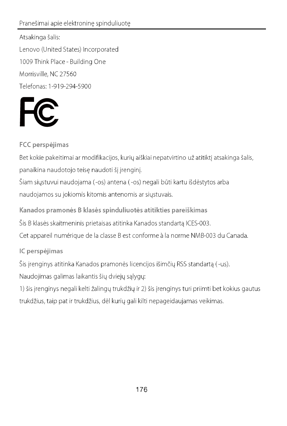 Fcc perspėjimas, Ic perspėjimas | Lenovo A7-40 Tablet User Manual | Page 177 / 203