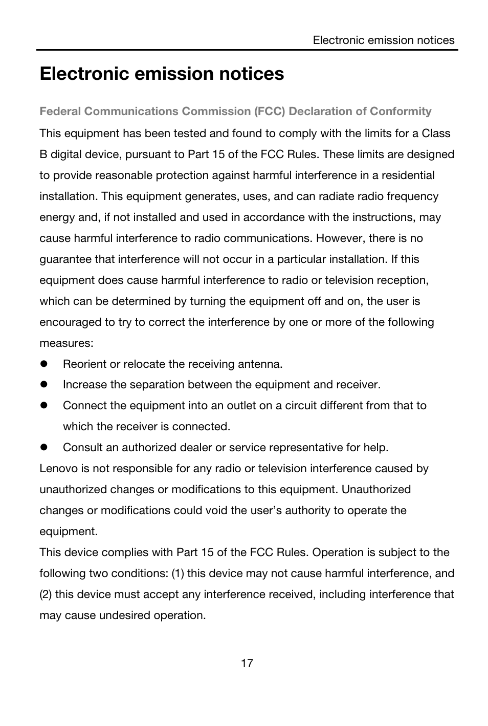 Electronic emission notices, Reorient or relocate the receiving antenna | Lenovo A7-40 Tablet User Manual | Page 18 / 203