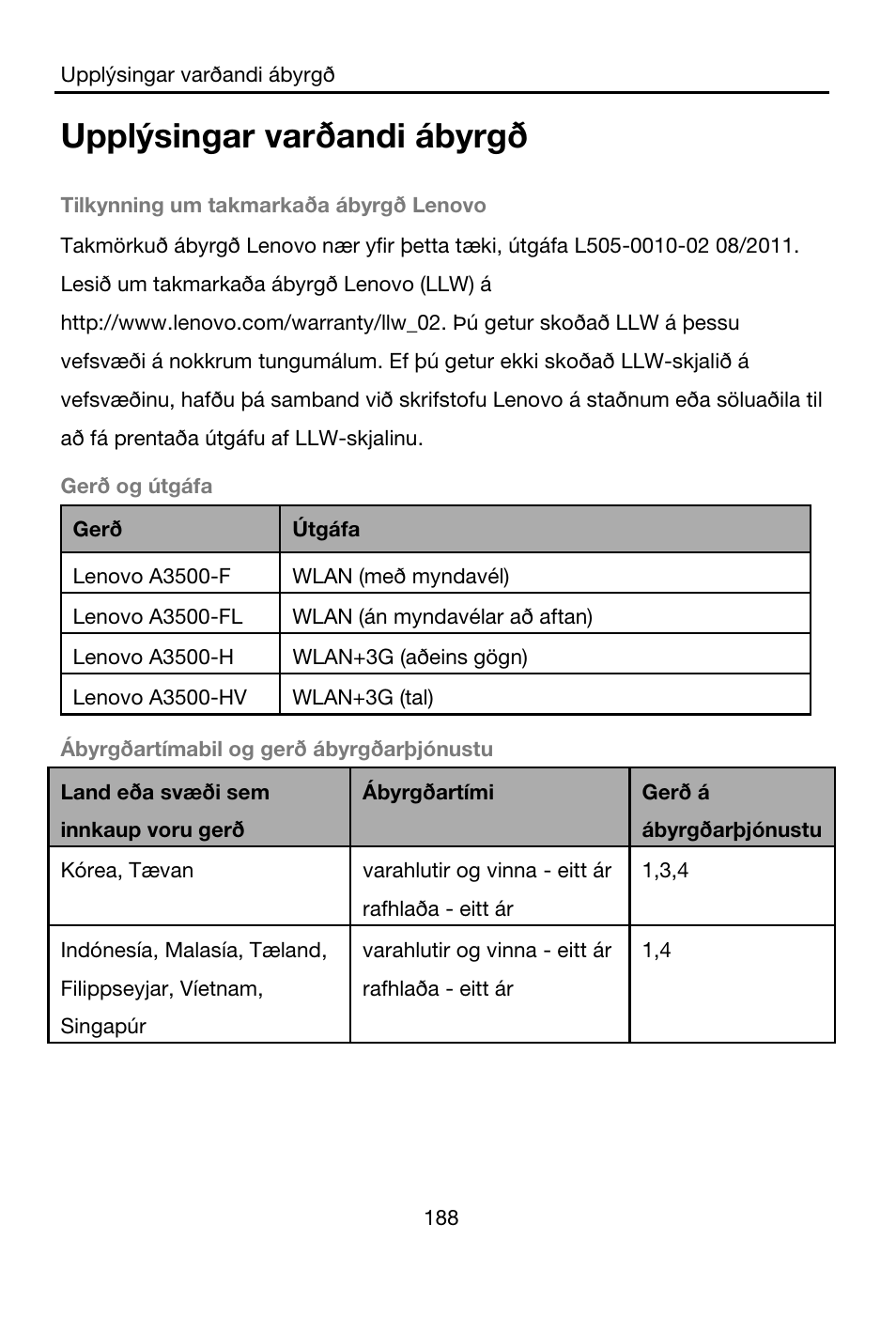 Upplýsingar varðandi ábyrgð | Lenovo A7-40 Tablet User Manual | Page 189 / 203