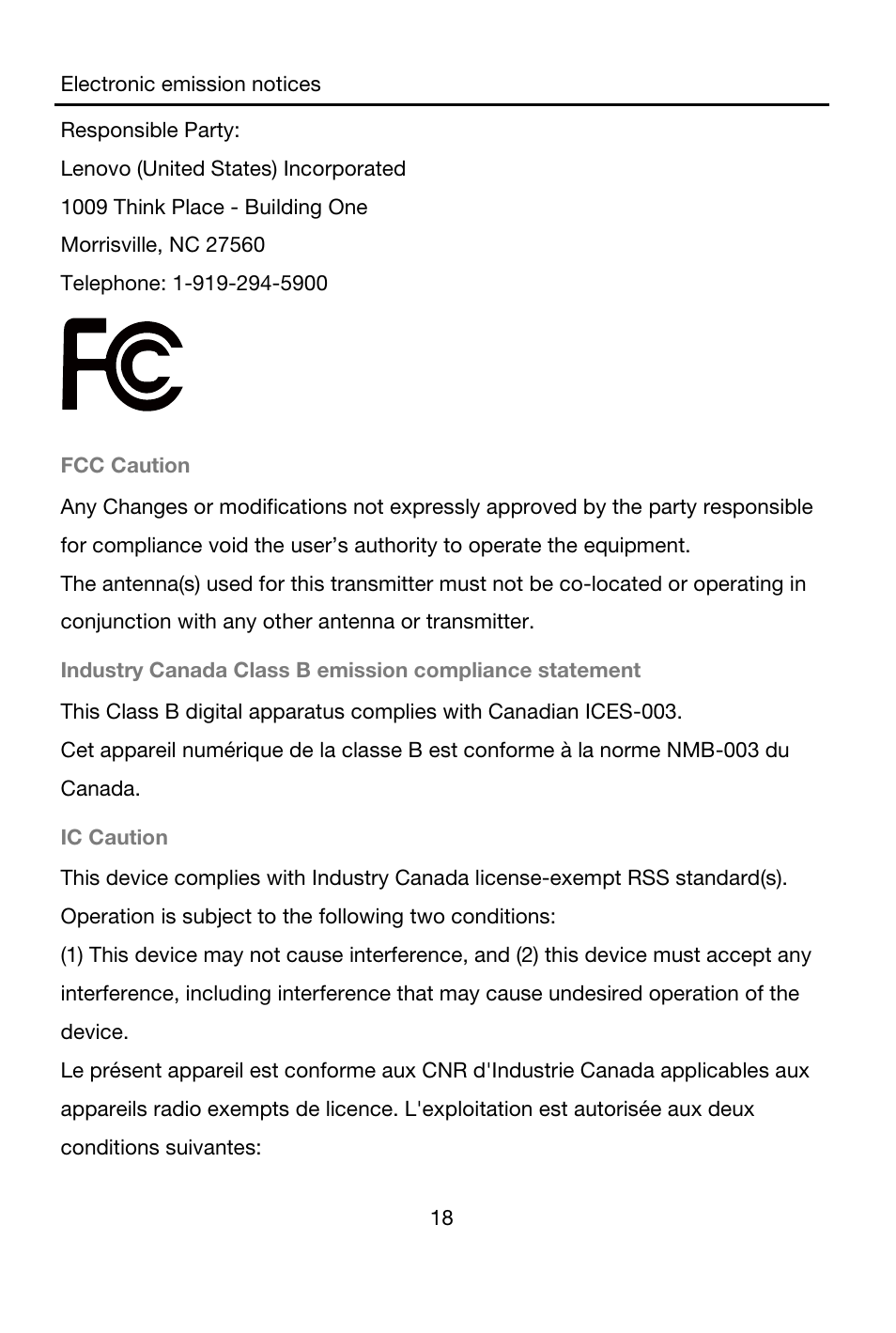 Responsible party, Lenovo (united states) incorporated, 1009 think place - building one | Morrisville, nc 27560, Telephone: 1-919-294-5900, Fcc caution, Ic caution | Lenovo A7-40 Tablet User Manual | Page 19 / 203