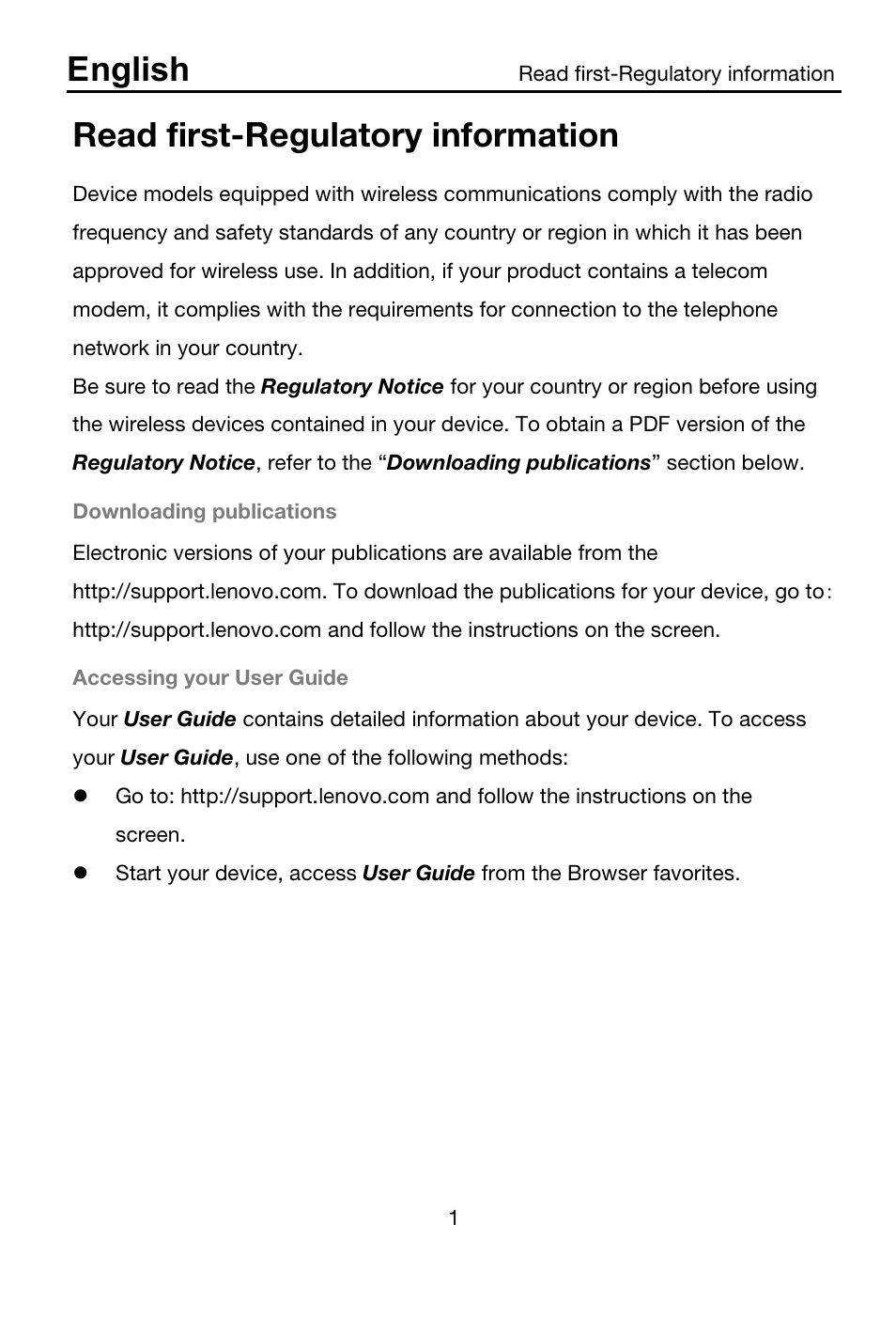 70110826 lenovo a3500 ipig v1.0 en 20140124, Read first-regulatory information, Downloading publications | Accessing your user guide, English | Lenovo A7-40 Tablet User Manual | Page 2 / 203