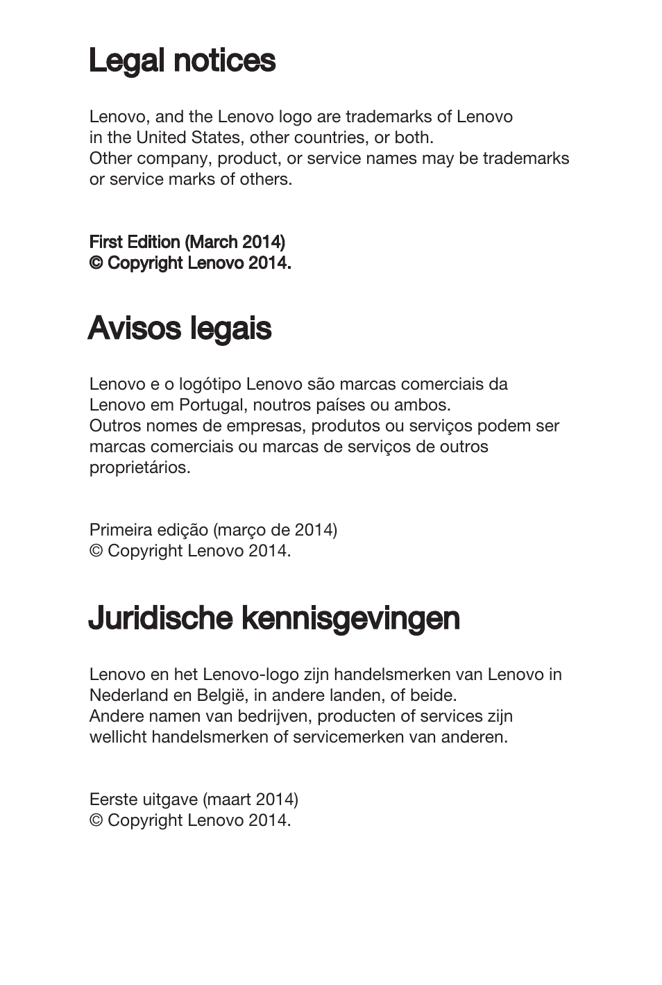 Legal notices, Avisos legais, Juridische kennisgevingen | Lenovo A7-40 Tablet User Manual | Page 201 / 203