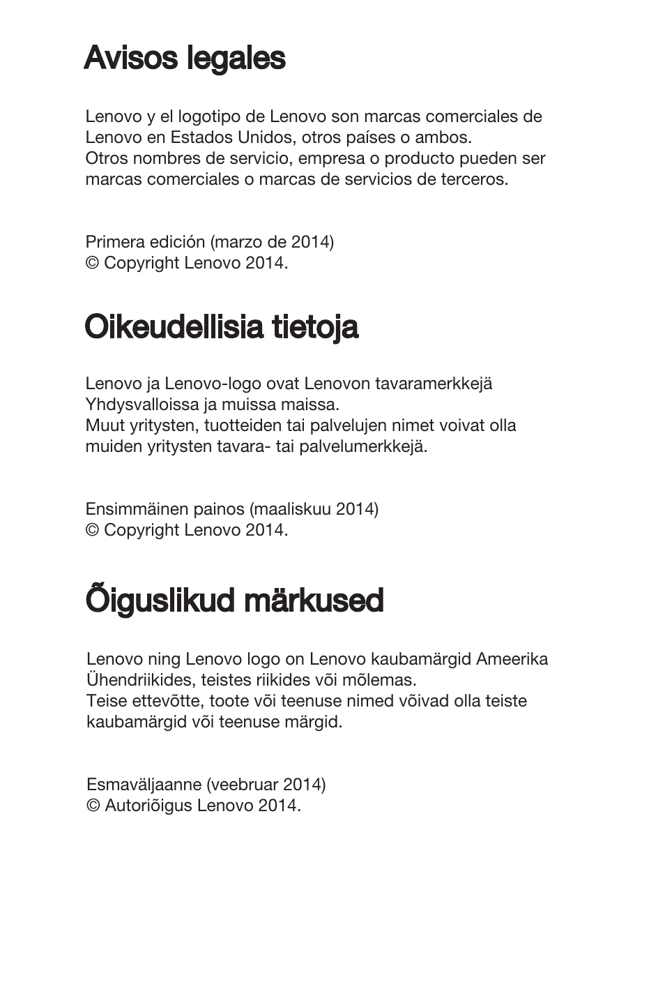 Avisos legales, Oikeudellisia tietoja, Õiguslikud märkused | Lenovo A7-40 Tablet User Manual | Page 202 / 203