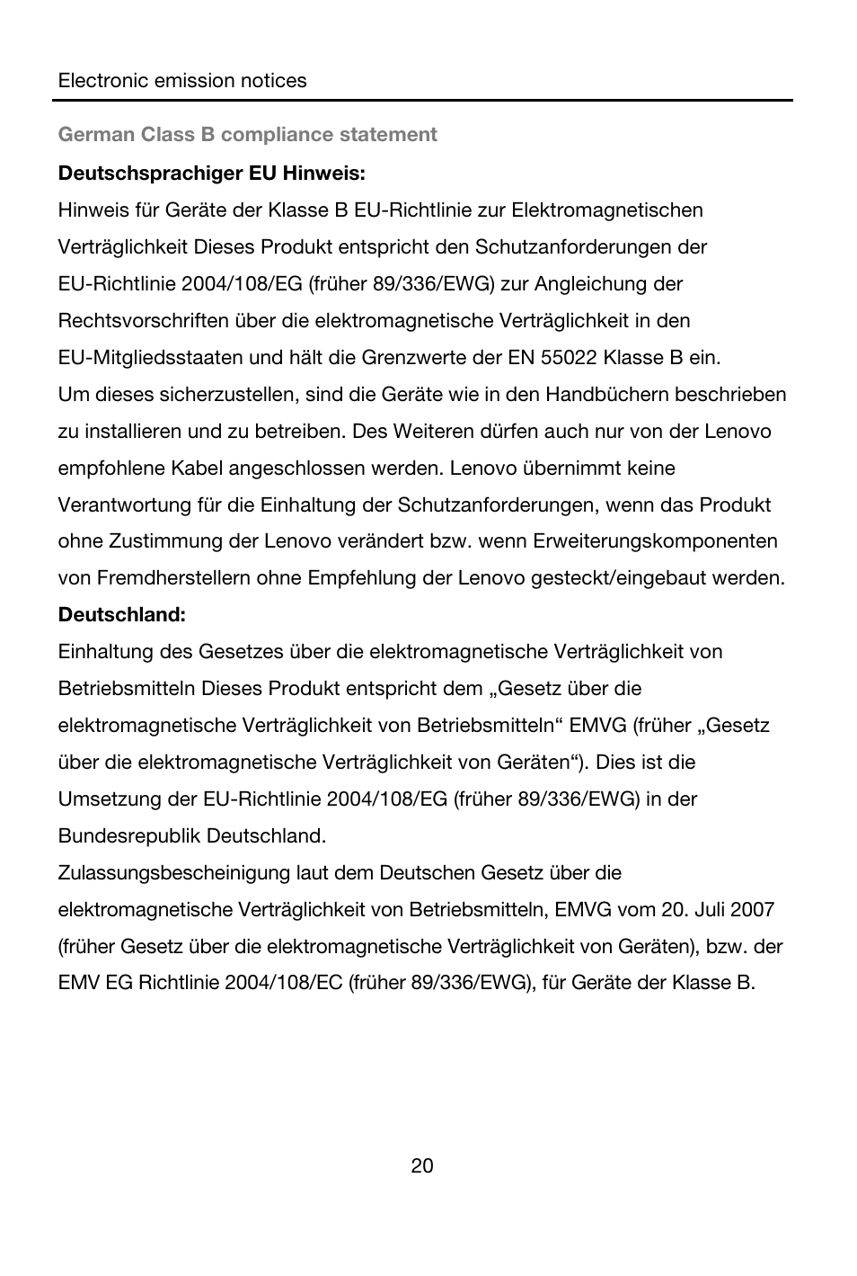 German class b compliance statement, Deutschsprachiger eu hinweis, Deutschland | Lenovo A7-40 Tablet User Manual | Page 21 / 203