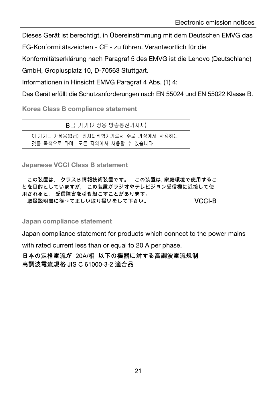 Korea class b compliance statement, Japanese vcci class b statement, Japan compliance statement | Lenovo A7-40 Tablet User Manual | Page 22 / 203