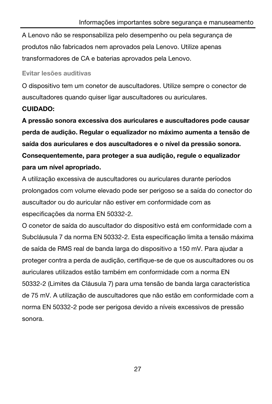 Evitar lesões auditivas, Cuidado | Lenovo A7-40 Tablet User Manual | Page 28 / 203