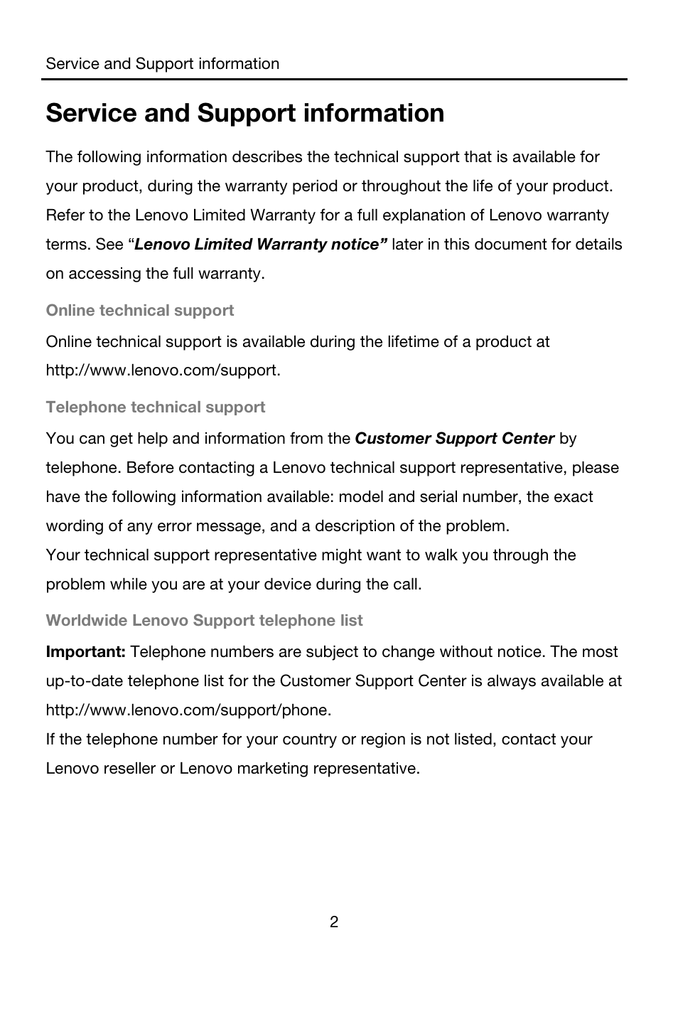 Service and support information, Online technical support, Http://www.lenovo.com/support | Telephone technical support, Worldwide lenovo support telephone list, Http://www.lenovo.com/support/phone | Lenovo A7-40 Tablet User Manual | Page 3 / 203