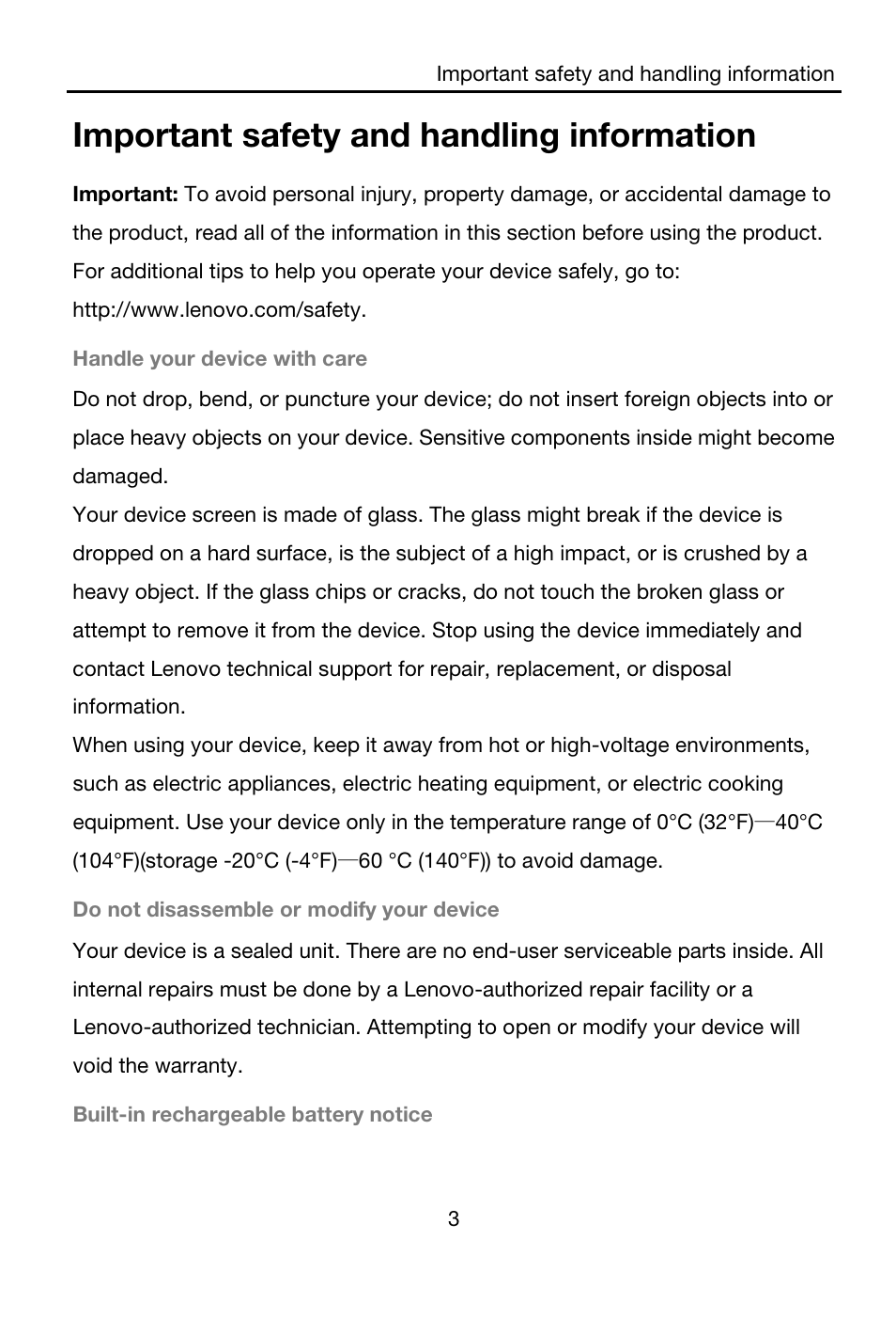 Important safety and handling information, Handle your device with care, Do not disassemble or modify your device | Built-in rechargeable battery notice | Lenovo A7-40 Tablet User Manual | Page 4 / 203