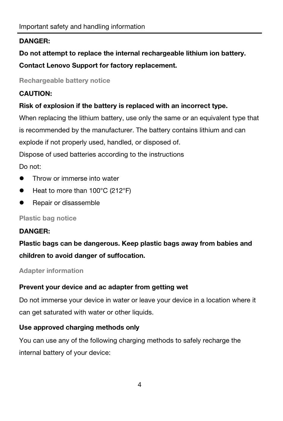 Danger, Rechargeable battery notice, Caution | Do not, Throw or immerse into water, Heat to more than 100°c (212°f), Repair or disassemble, Plastic bag notice, Adapter information, Use approved charging methods only | Lenovo A7-40 Tablet User Manual | Page 5 / 203