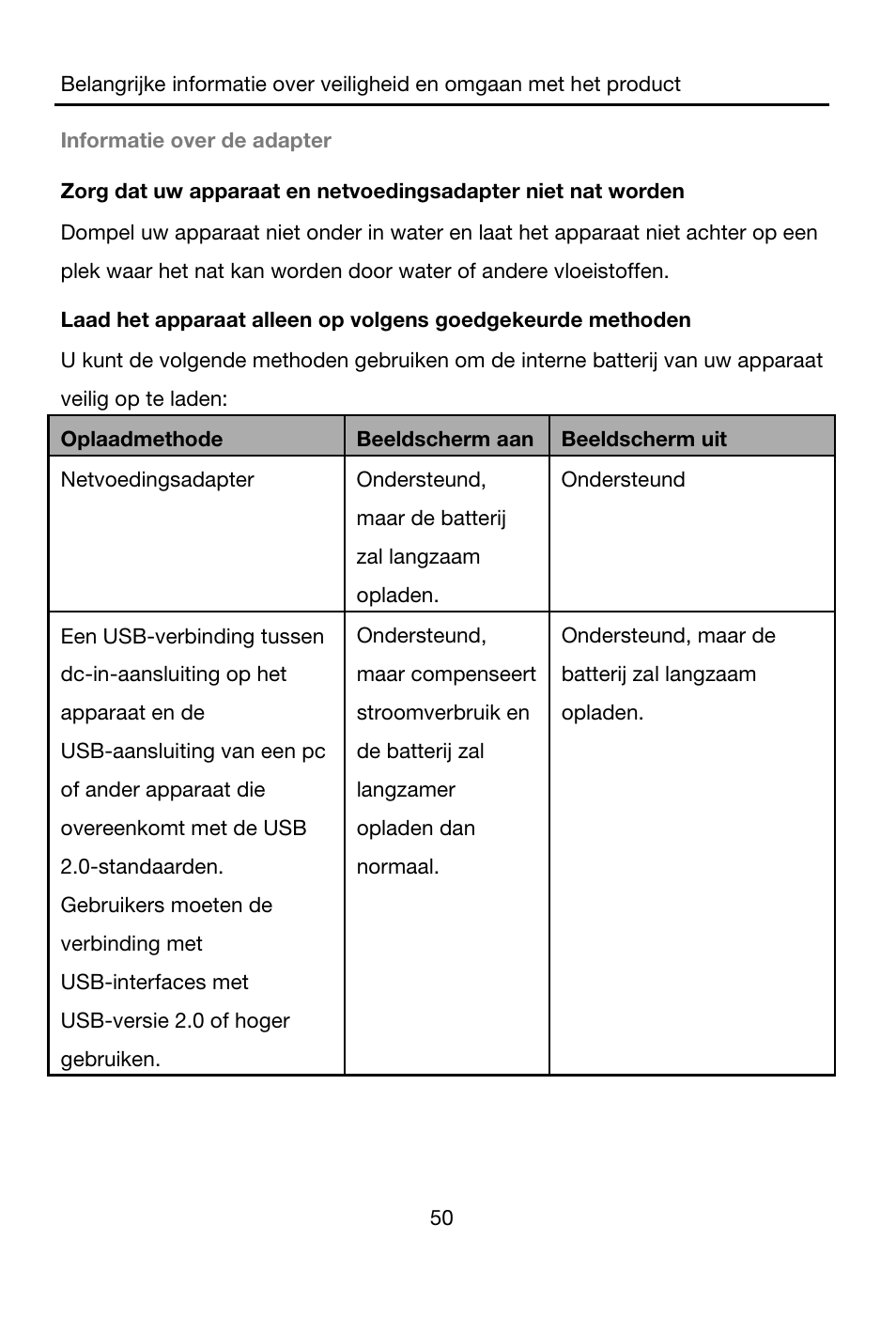 Informatie over de adapter, Oplaadmethode, Beeldscherm aan | Beeldscherm uit, Netvoedingsadapter, Ondersteund, maar de batterij zal langzaam opladen, Ondersteund | Lenovo A7-40 Tablet User Manual | Page 51 / 203