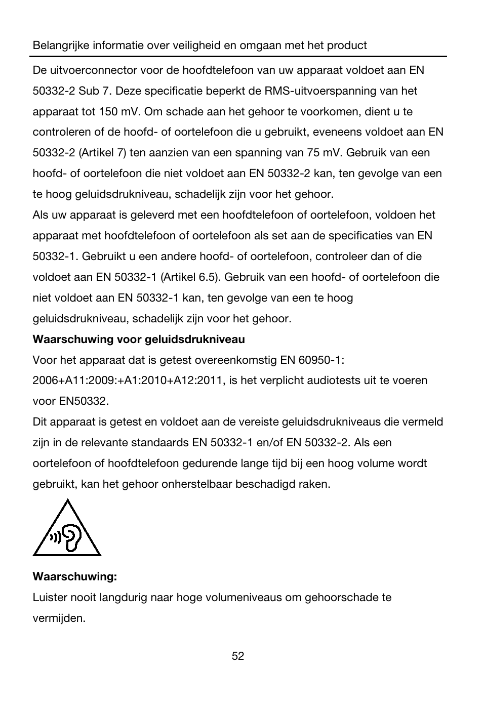 Waarschuwing voor geluidsdrukniveau, Waarschuwing | Lenovo A7-40 Tablet User Manual | Page 53 / 203