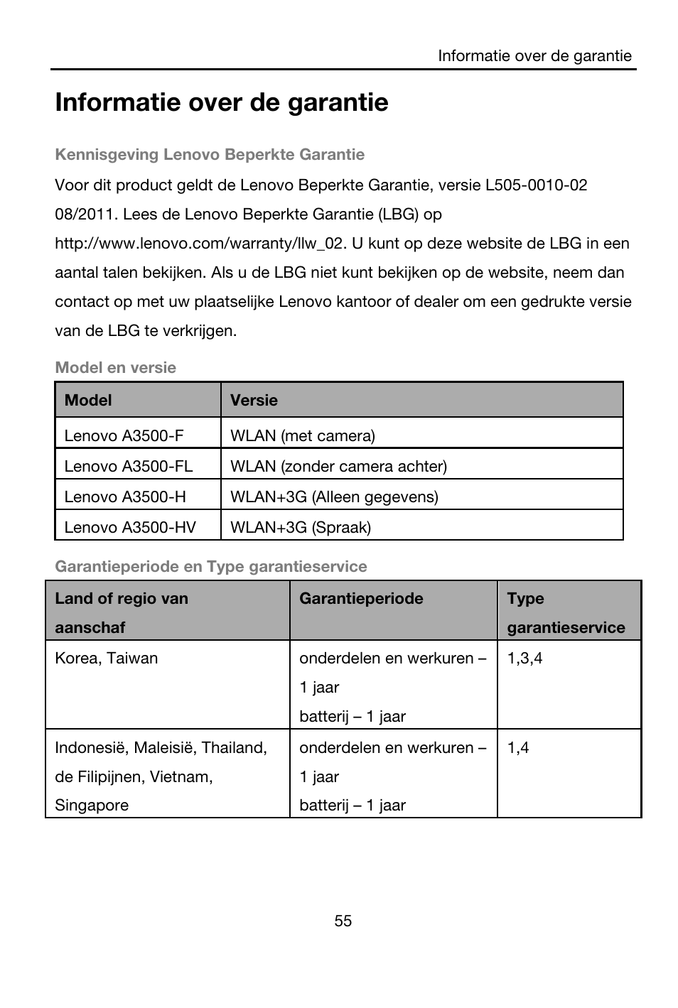 Informatie over de garantie, Kennisgeving lenovo beperkte garantie, Model en versie | Model, Versie, Lenovo a3500-f, Wlan (met camera), Lenovo a3500-fl, Wlan (zonder camera achter), Lenovo a3500-h | Lenovo A7-40 Tablet User Manual | Page 56 / 203