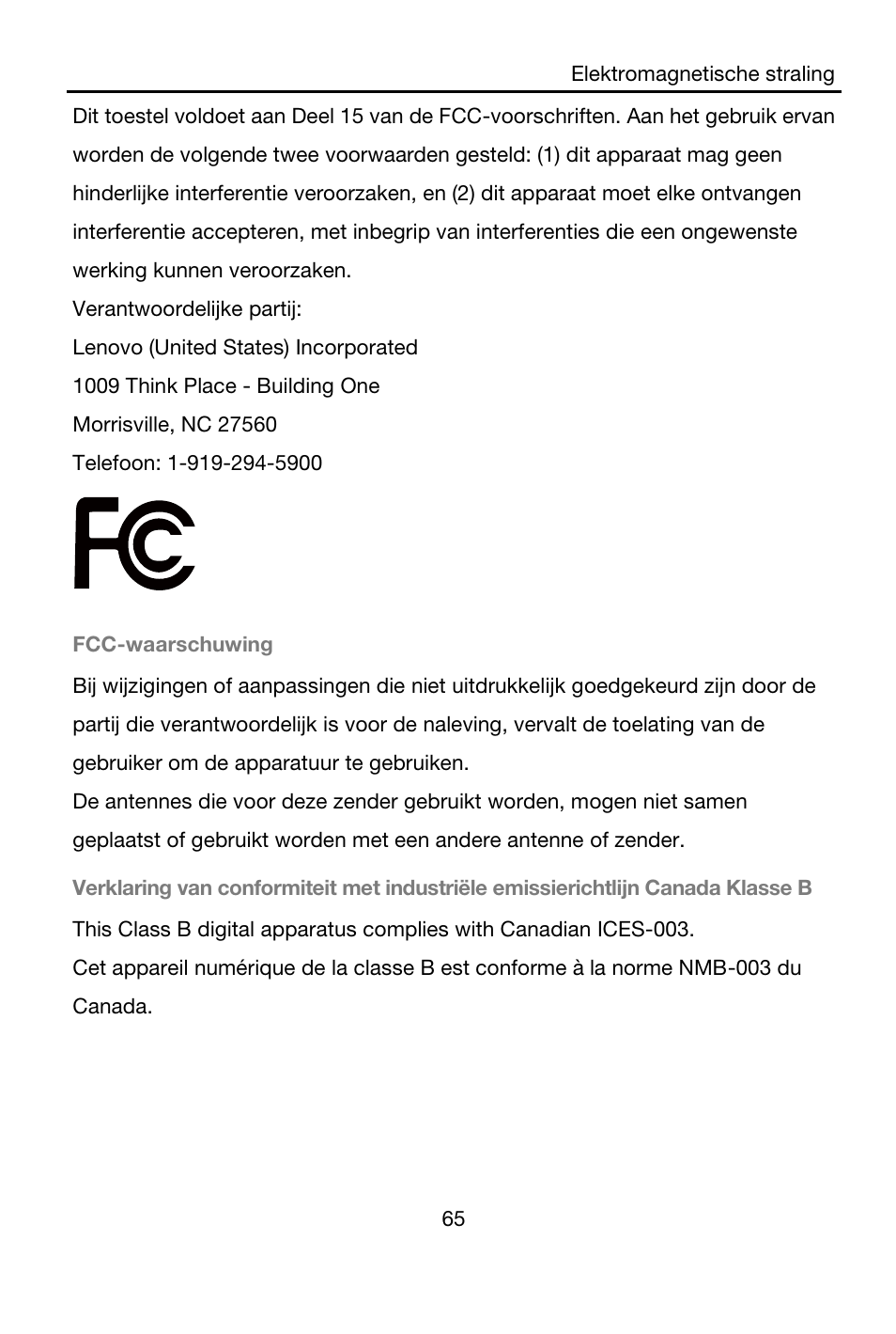 Verantwoordelijke partij, Lenovo (united states) incorporated, 1009 think place - building one | Morrisville, nc 27560, Telefoon: 1-919-294-5900, Fcc-waarschuwing | Lenovo A7-40 Tablet User Manual | Page 66 / 203