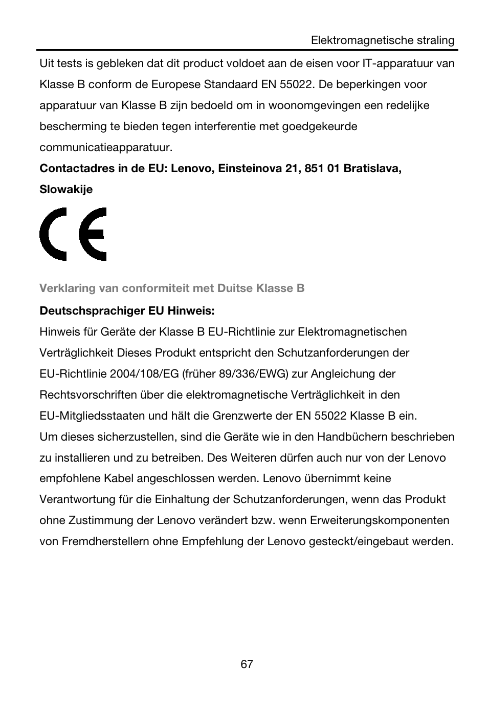 Verklaring van conformiteit met duitse klasse b, Deutschsprachiger eu hinweis | Lenovo A7-40 Tablet User Manual | Page 68 / 203