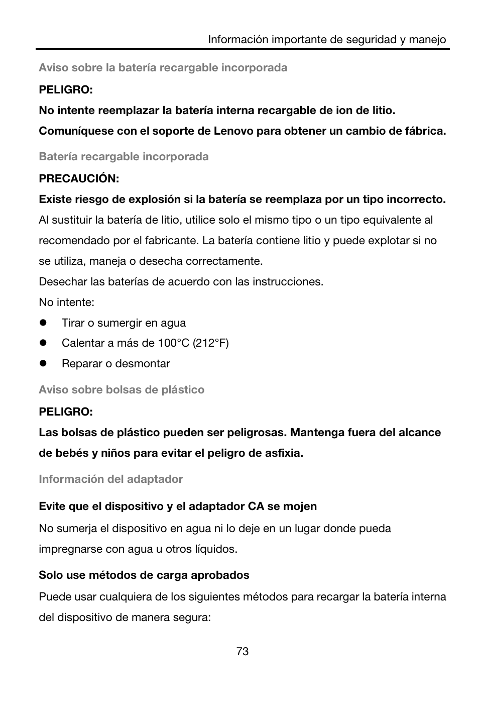 Aviso sobre la batería recargable incorporada, Peligro, Batería recargable incorporada | Precaución, No intente, Tirar o sumergir en agua, Calentar a más de 100°c (212°f), Reparar o desmontar, Aviso sobre bolsas de plástico, Información del adaptador | Lenovo A7-40 Tablet User Manual | Page 74 / 203