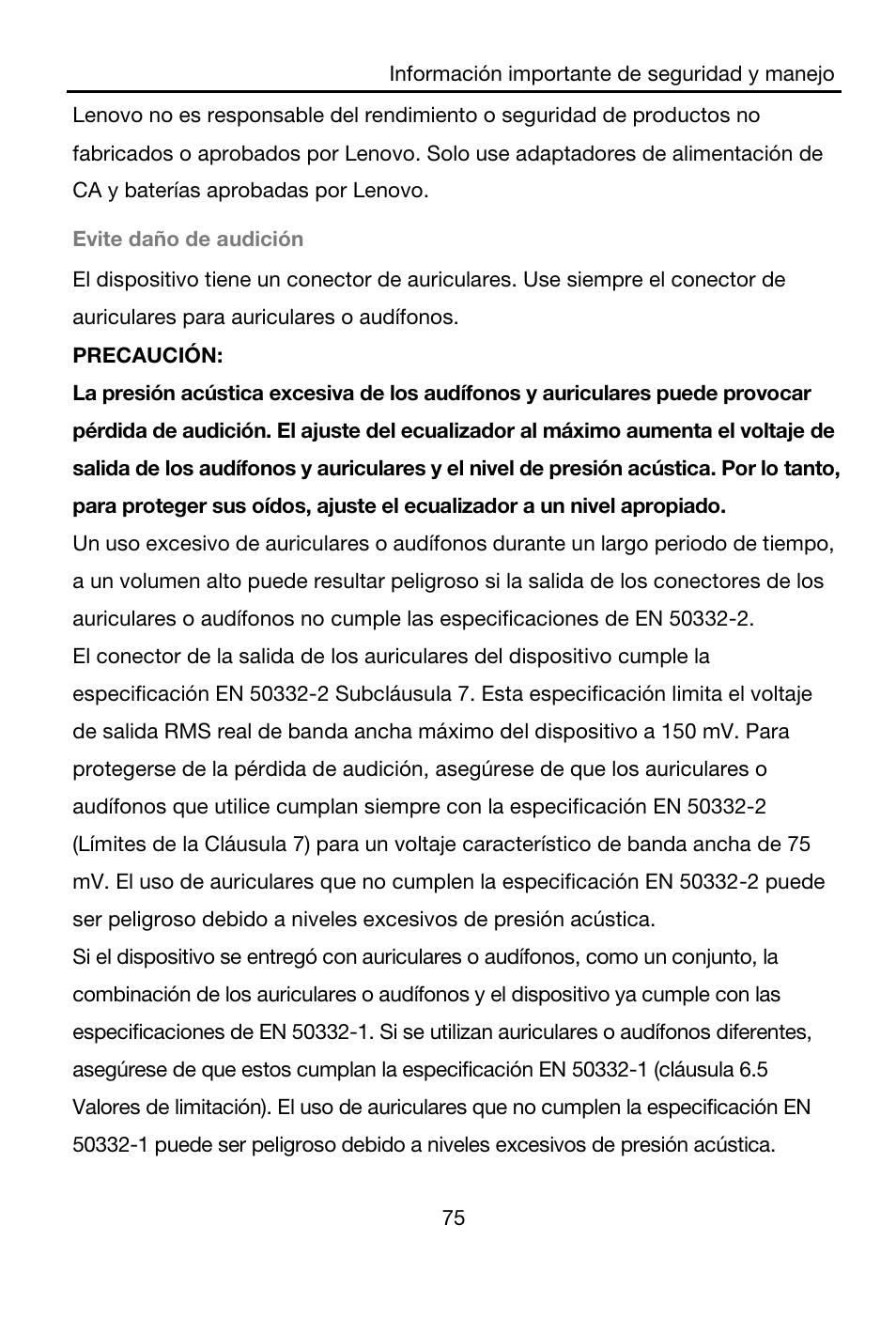 Evite daño de audición, Precaución | Lenovo A7-40 Tablet User Manual | Page 76 / 203