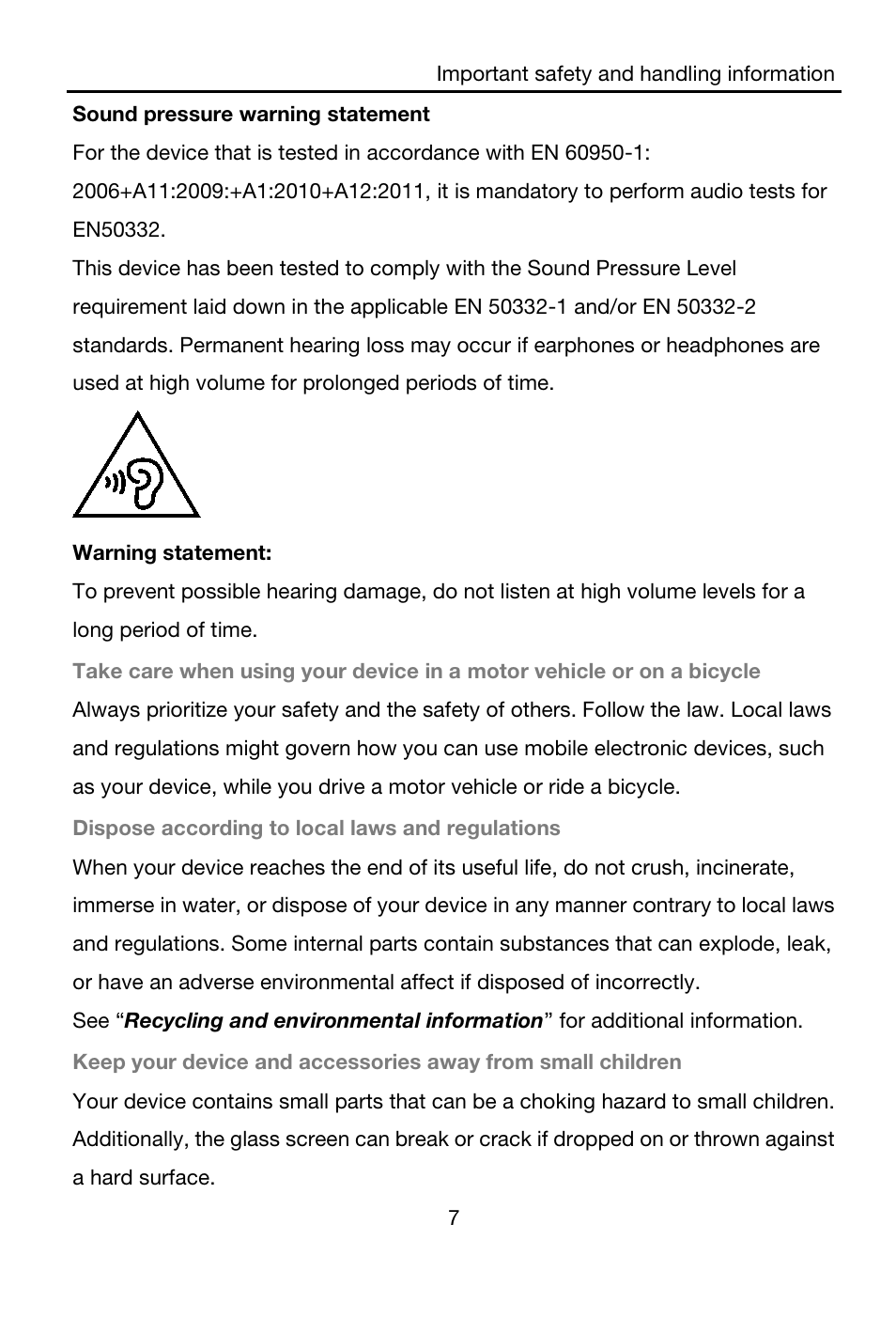 Sound pressure warning statement, Warning statement, Dispose according to local laws and regulations | Lenovo A7-40 Tablet User Manual | Page 8 / 203