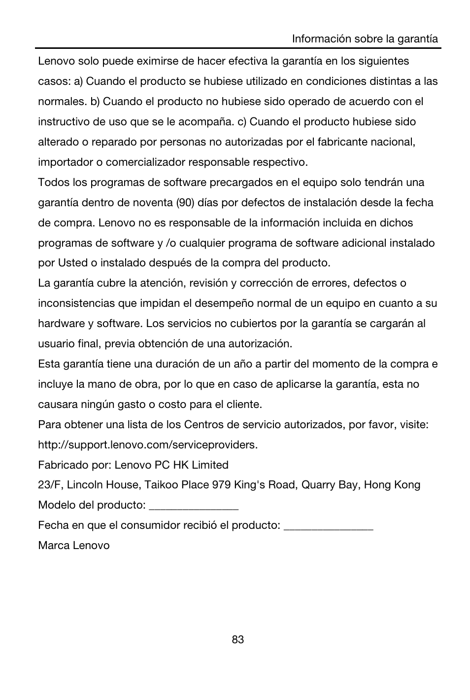 Fabricado por: lenovo pc hk limited, Modelo del producto, Fecha en que el consumidor recibió el producto | Marca lenovo | Lenovo A7-40 Tablet User Manual | Page 84 / 203