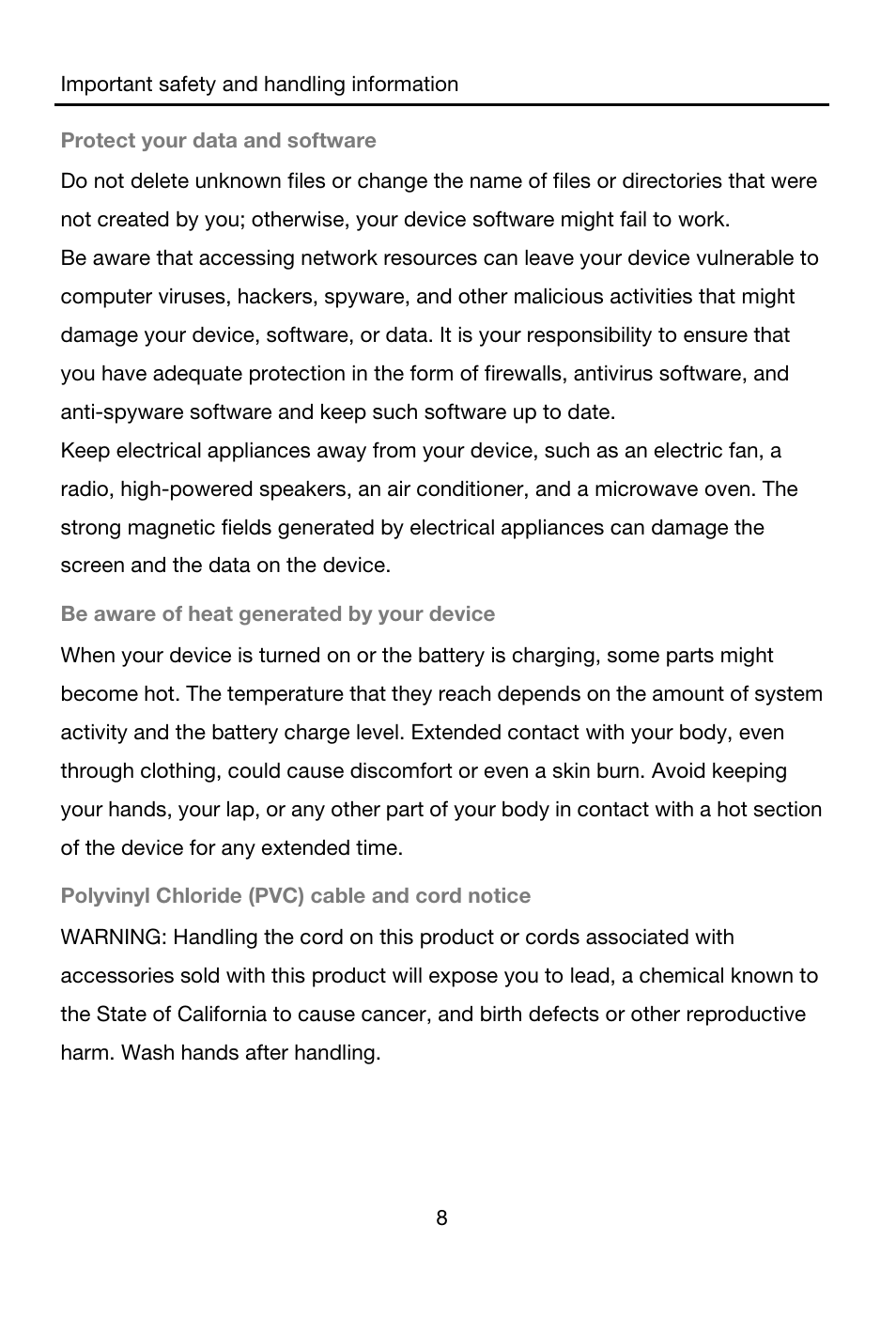 Protect your data and software, Be aware of heat generated by your device, Polyvinyl chloride (pvc) cable and cord notice | Lenovo A7-40 Tablet User Manual | Page 9 / 203