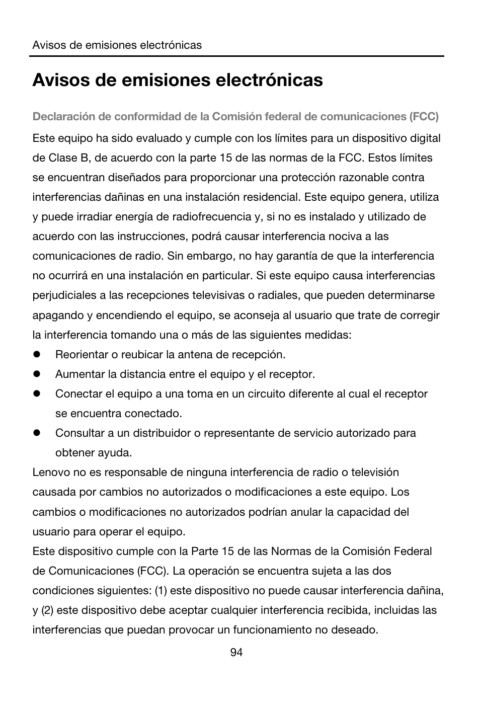 Avisos de emisiones electrónicas, Reorientar o reubicar la antena de recepción | Lenovo A7-40 Tablet User Manual | Page 95 / 203