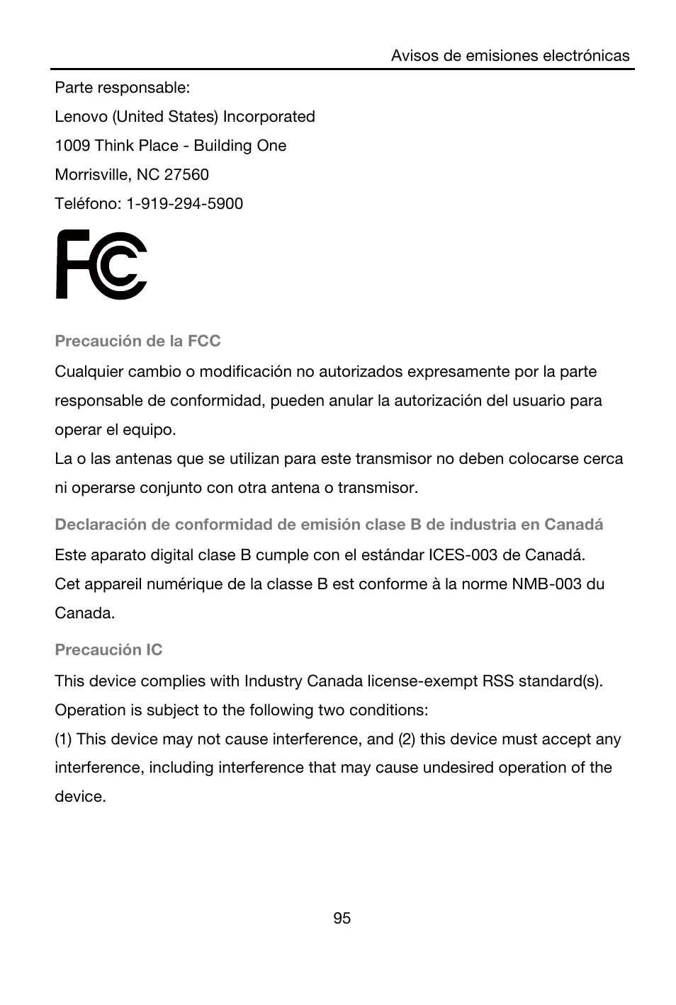 Parte responsable, Lenovo (united states) incorporated, 1009 think place - building one | Morrisville, nc 27560, Teléfono: 1-919-294-5900, Precaución de la fcc, Precaución ic | Lenovo A7-40 Tablet User Manual | Page 96 / 203