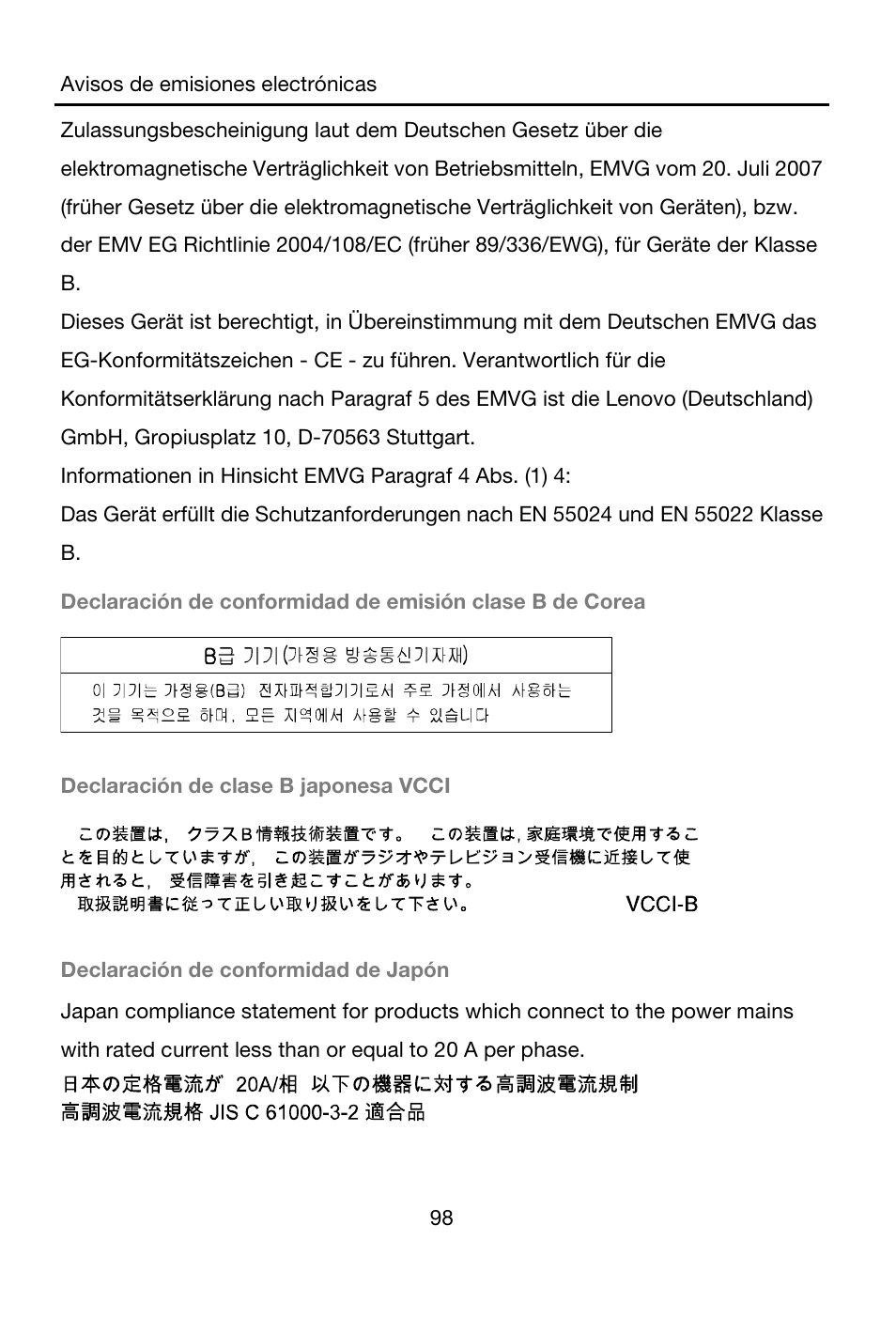 Declaración de clase b japonesa vcci, Declaración de conformidad de japón | Lenovo A7-40 Tablet User Manual | Page 99 / 203