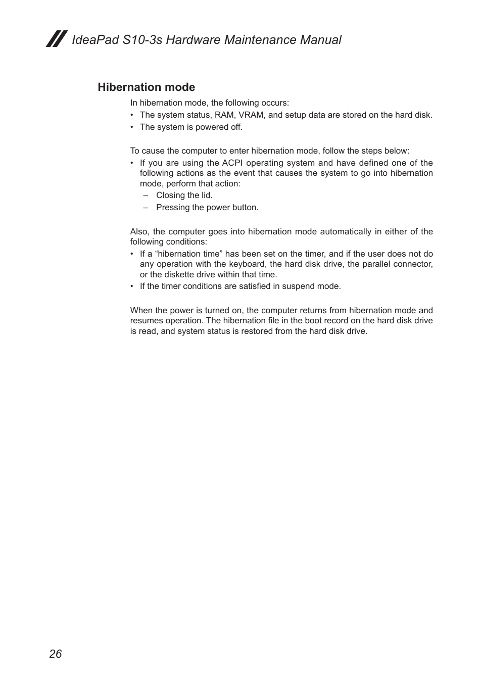 Hibernation mode, Ideapad s10-3s hardware maintenance manual | Lenovo IdeaPad S10-3s User Manual | Page 30 / 81