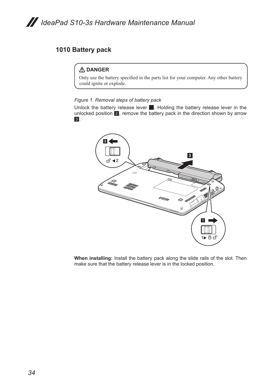 1010 battery pack, Ideapad s10-3s hardware maintenance manual | Lenovo IdeaPad S10-3s User Manual | Page 38 / 81
