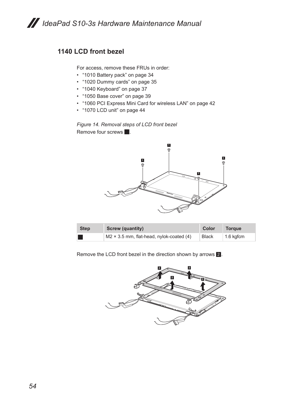 1140 lcd front bezel, Ideapad s10-3s hardware maintenance manual | Lenovo IdeaPad S10-3s User Manual | Page 58 / 81