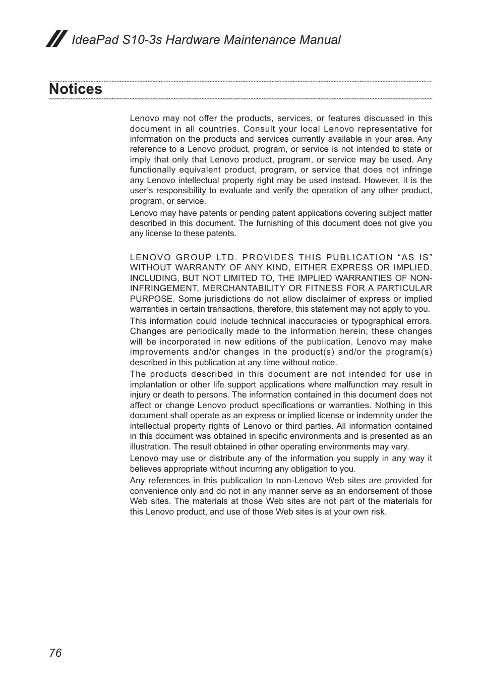 Notices, Ideapad s10-3s hardware maintenance manual | Lenovo IdeaPad S10-3s User Manual | Page 80 / 81