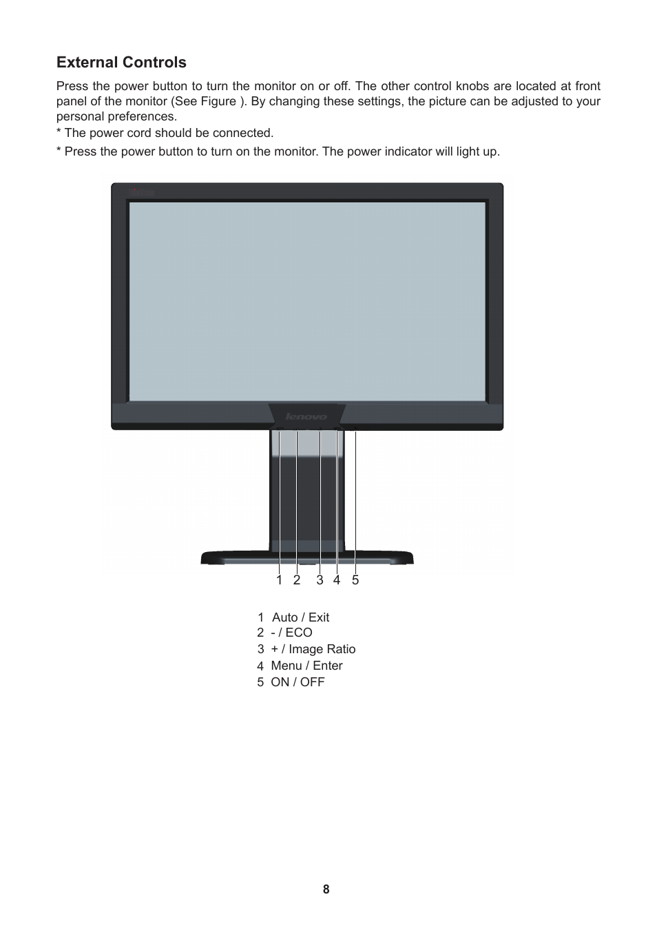 External controls | Lenovo ThinkVision E2003b 19.5” LED TFT Monitor User Manual | Page 10 / 16