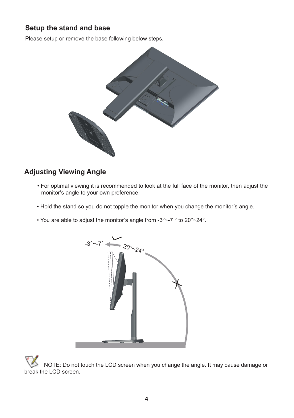 Setup the stand and base, Adjusting viewing angle | Lenovo ThinkVision E2003b 19.5” LED TFT Monitor User Manual | Page 6 / 16